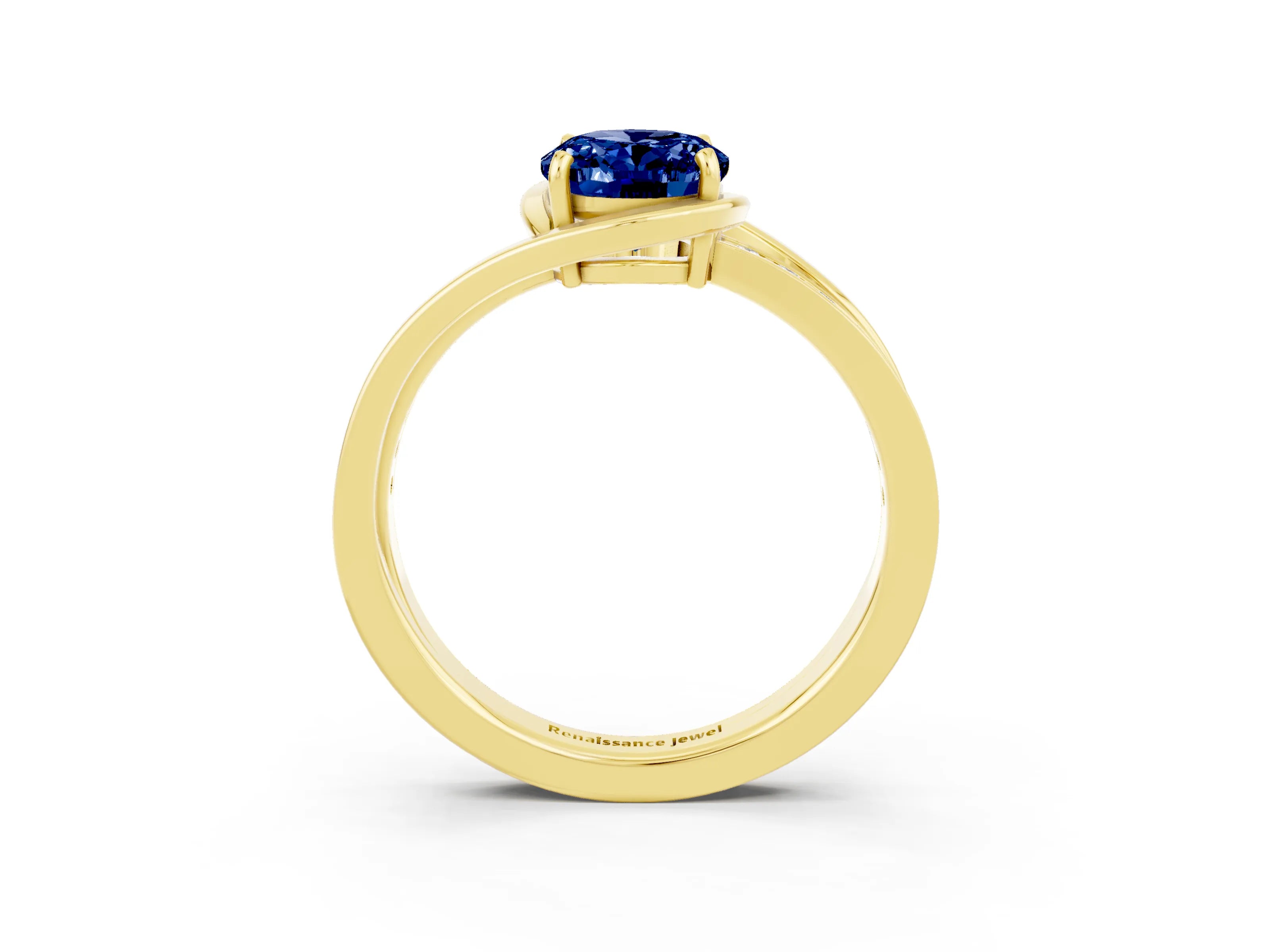 Yellow gold Oval Cut Blue Sapphire Solitaire Ring with Split Shank and Prong Setting_3