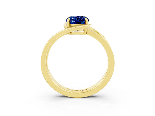 Yellow gold Oval Cut Blue Sapphire Solitaire Ring with Split Shank and Prong Setting