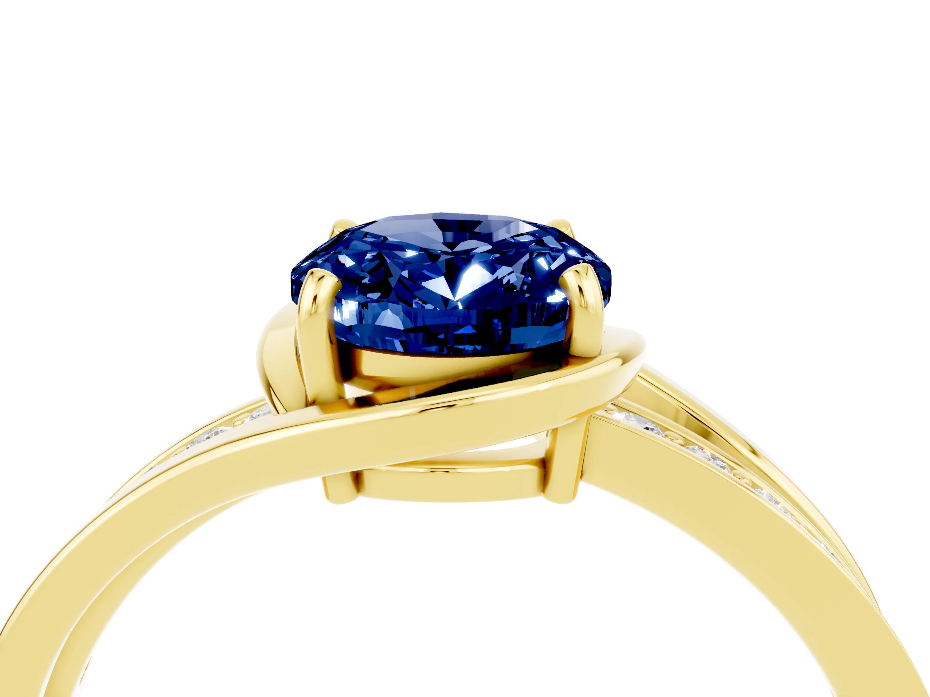 Yellow gold Oval Cut Blue Sapphire Solitaire Ring with Split Shank and Prong Setting_4