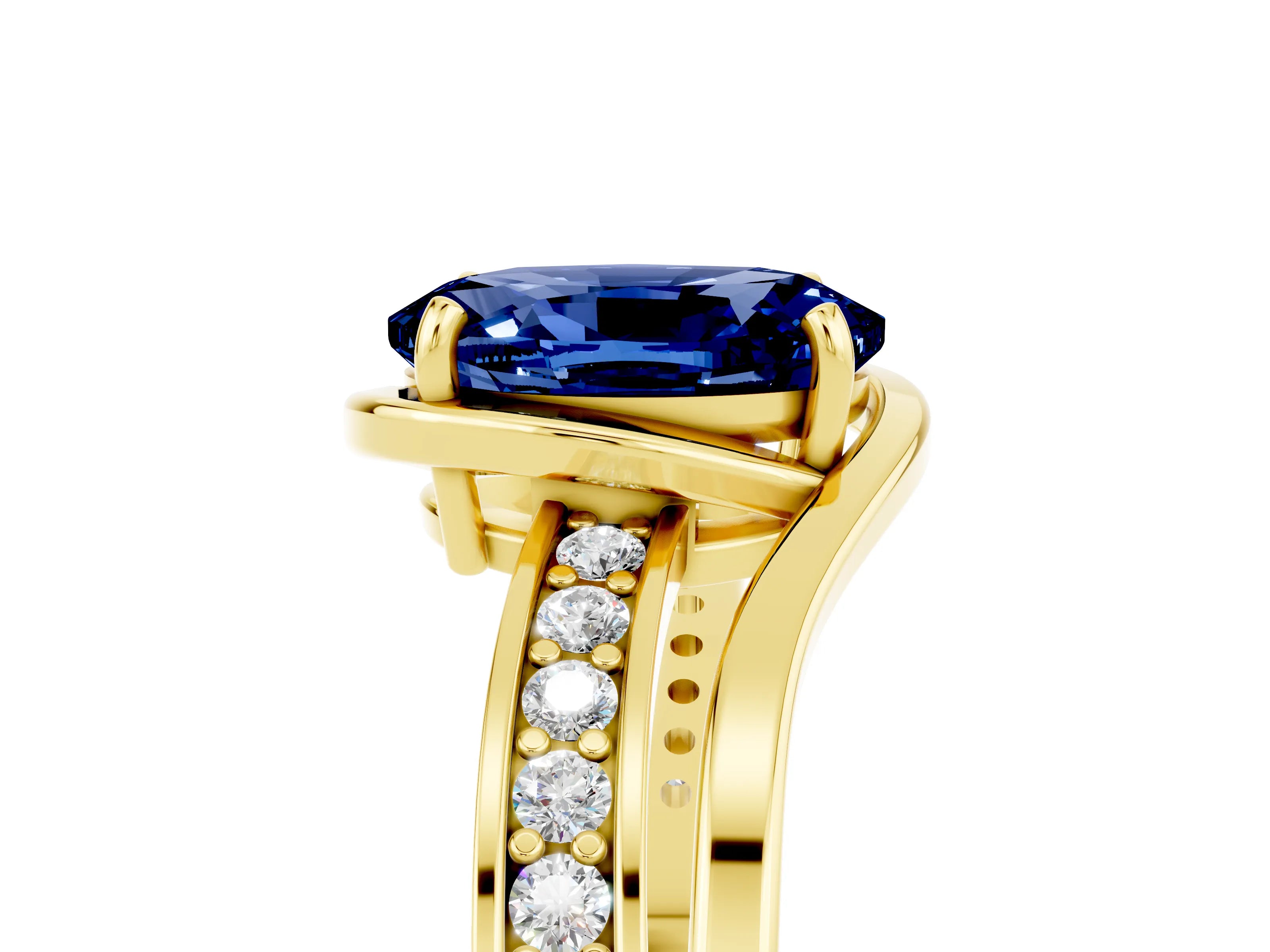 Yellow gold Oval Cut Blue Sapphire Solitaire Ring with Split Shank and Prong Setting_5