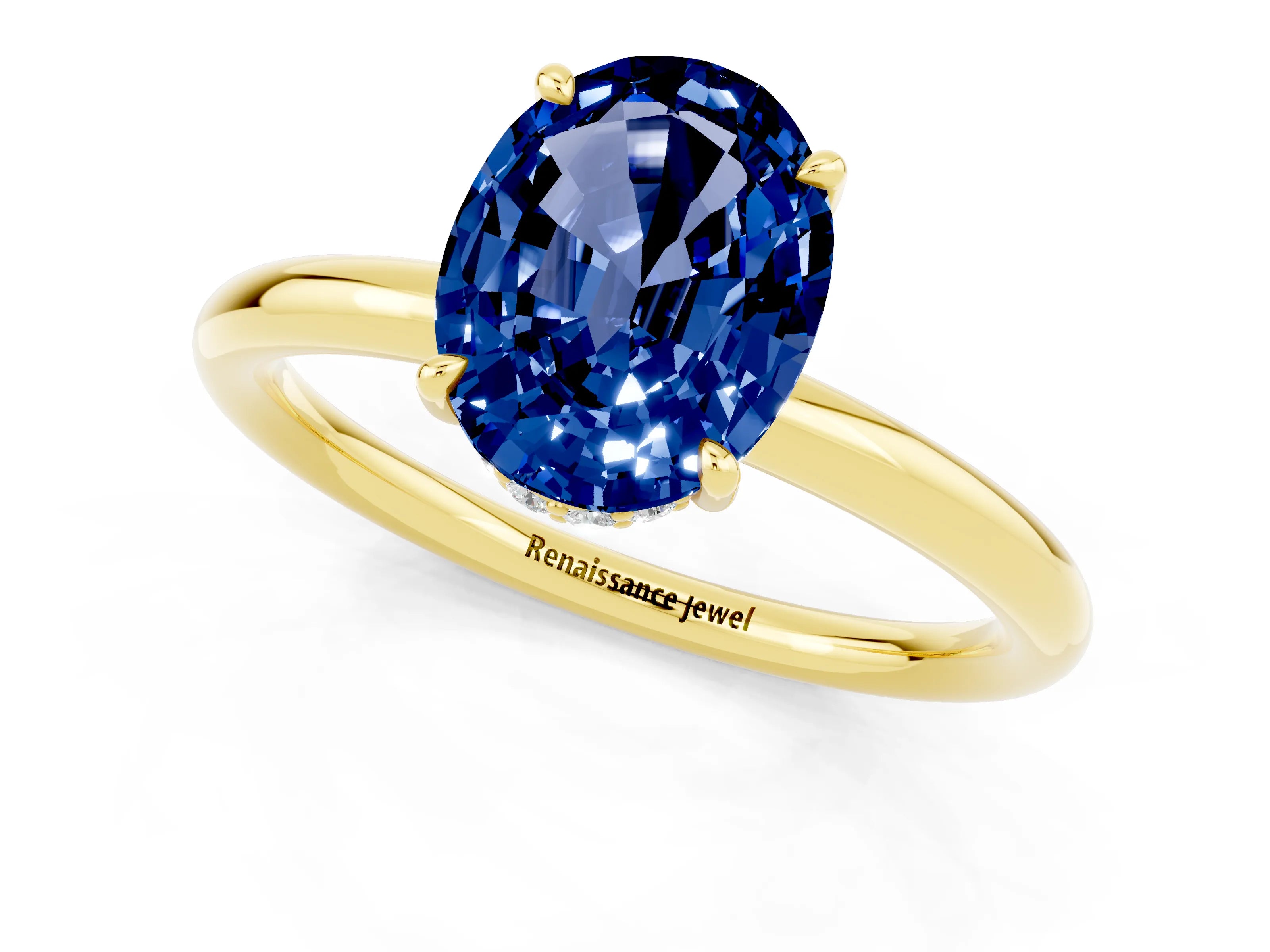 Yellow gold Oval Cut Blue Sapphire Solitaire Ring with Thin Band and Four-Prong Setting_13