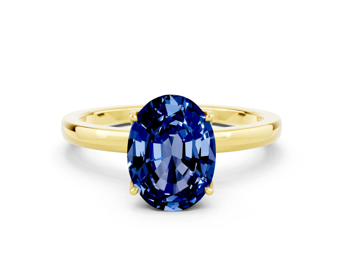 Yellow gold Oval Cut Blue Sapphire Solitaire Ring with Thin Band and Prong Setting_12