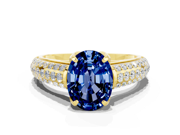 Yellow gold Oval Cut Blue Sapphire Solitaire Ring with Three-Row Pavé Band and Four-Prong Setting