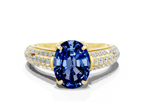Yellow gold Oval Cut Blue Sapphire Solitaire Ring with Three-Row Pavé Band and Four-Prong Setting_12