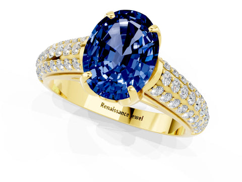 Yellow gold Oval Cut Blue Sapphire Solitaire Ring with Three-Row Pavé Band and Four-Prong Setting_13