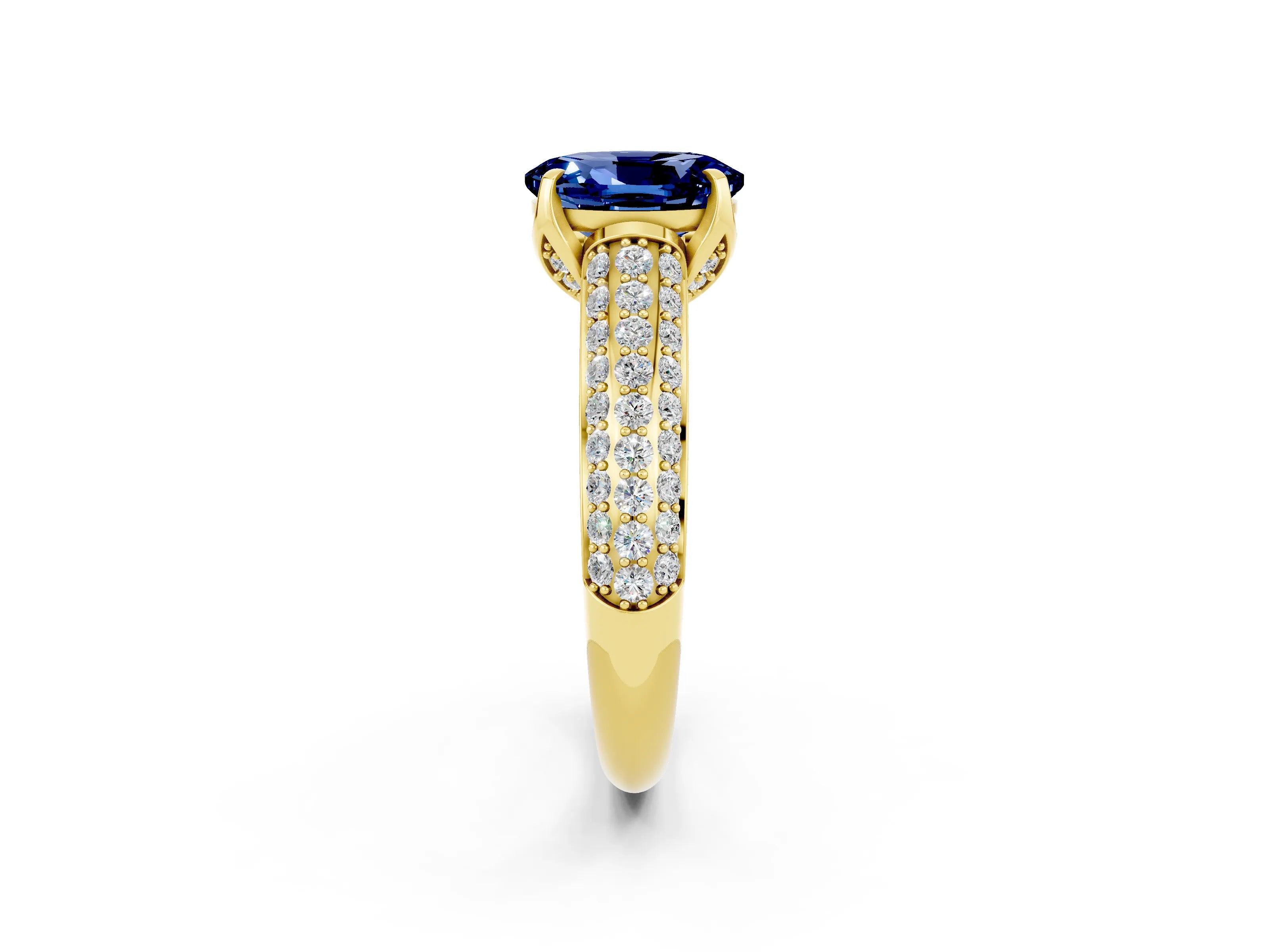 Yellow gold Oval Cut Blue Sapphire Solitaire Ring with Three-Row Pavé Band and Four-Prong Setting_14