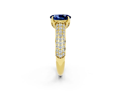 Yellow gold Oval Cut Blue Sapphire Solitaire Ring with Three-Row Pavé Band and Four-Prong Setting_14