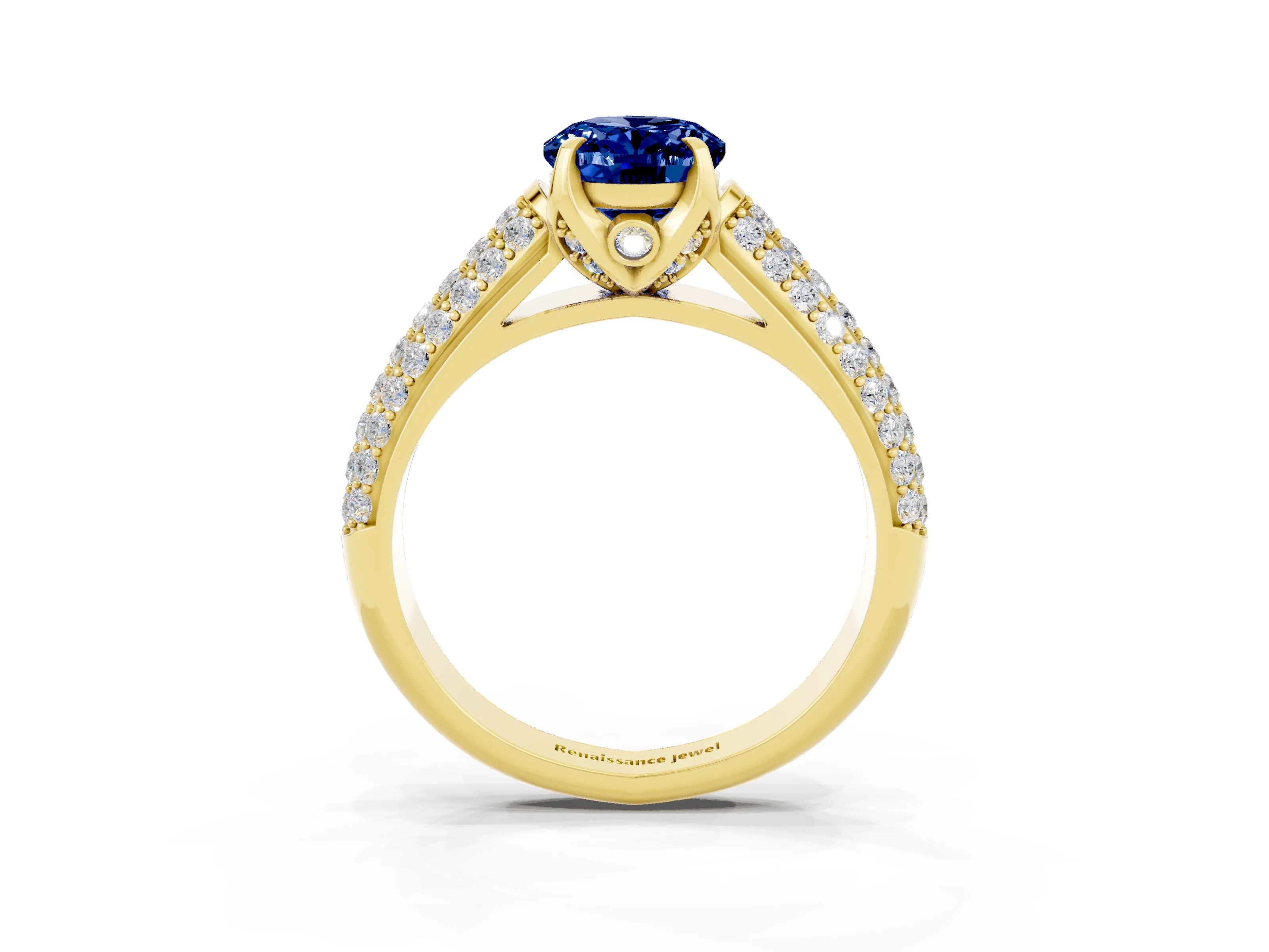 Yellow gold Oval Cut Blue Sapphire Solitaire Ring with Three-Row Pavé Band and Four-Prong Setting_15