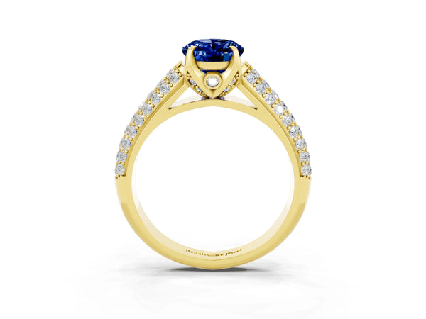 Yellow gold Oval Cut Blue Sapphire Solitaire Ring with Three-Row Pavé Band and Four-Prong Setting