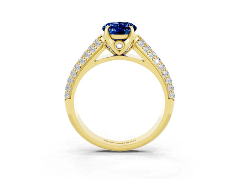 Yellow gold Oval Cut Blue Sapphire Solitaire Ring with Three-Row Pavé Band and Four-Prong Setting_15