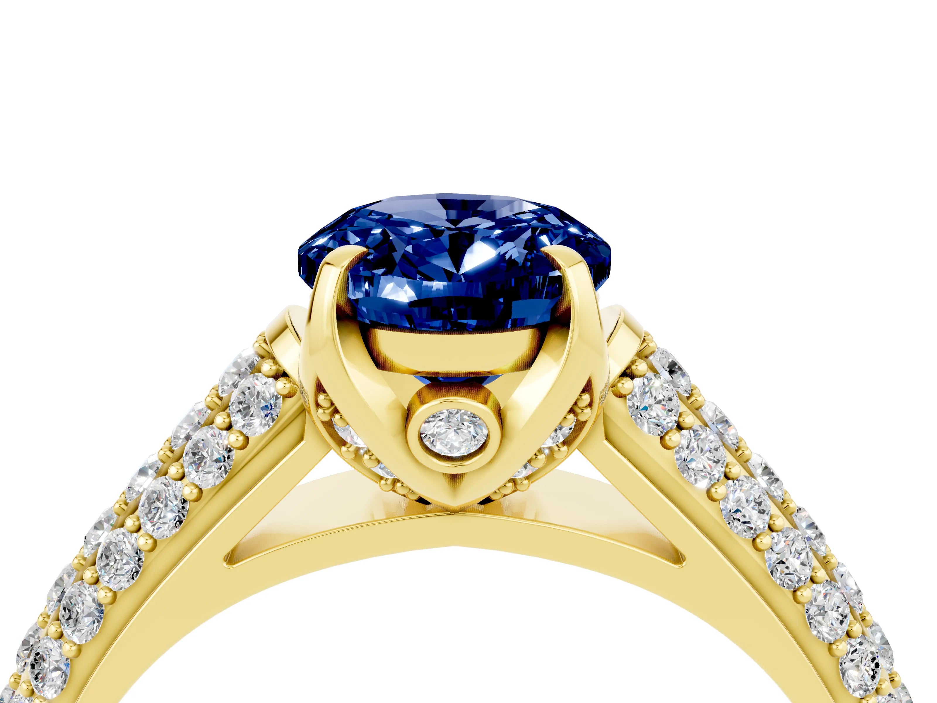 Yellow gold Oval Cut Blue Sapphire Solitaire Ring with Three-Row Pavé Band and Four-Prong Setting_16