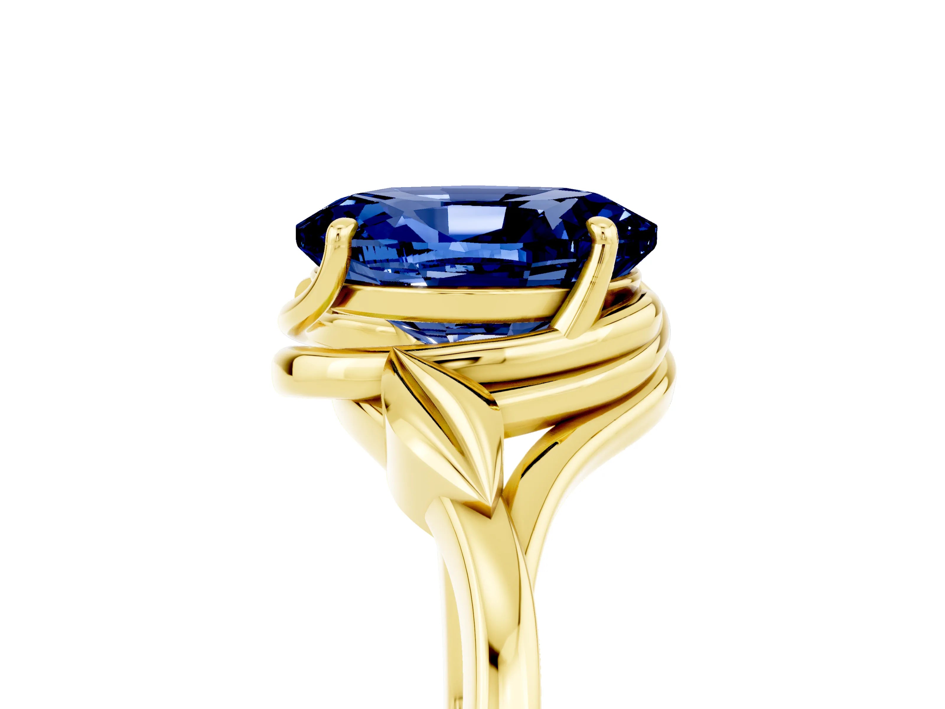 Yellow gold Oval Cut Blue Sapphire Solitaire Ring with Twist Band and Four-Prong Setting_29