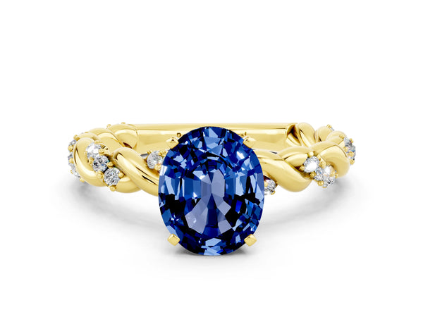 Yellow gold Oval Cut Blue Sapphire Solitaire Ring with Twisted Band and Pavé Accents