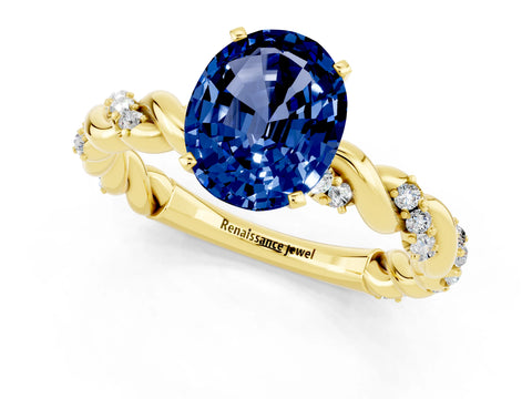 Yellow gold Oval Cut Blue Sapphire Solitaire Ring with Twisted Band and Pavé Accents_1