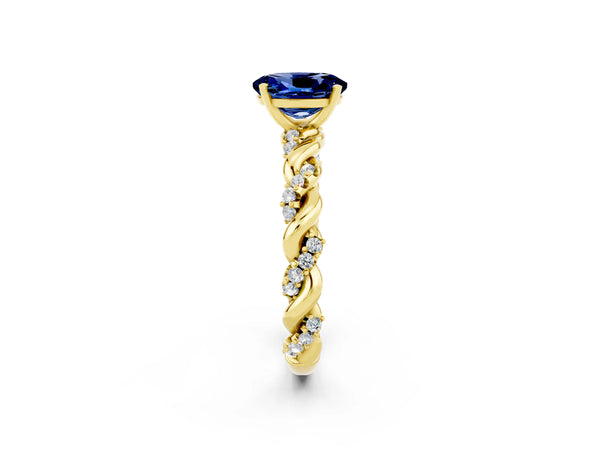 Yellow gold Oval Cut Blue Sapphire Solitaire Ring with Twisted Band and Pavé Accents