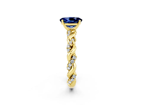 Yellow gold Oval Cut Blue Sapphire Solitaire Ring with Twisted Band and Pavé Accents_2