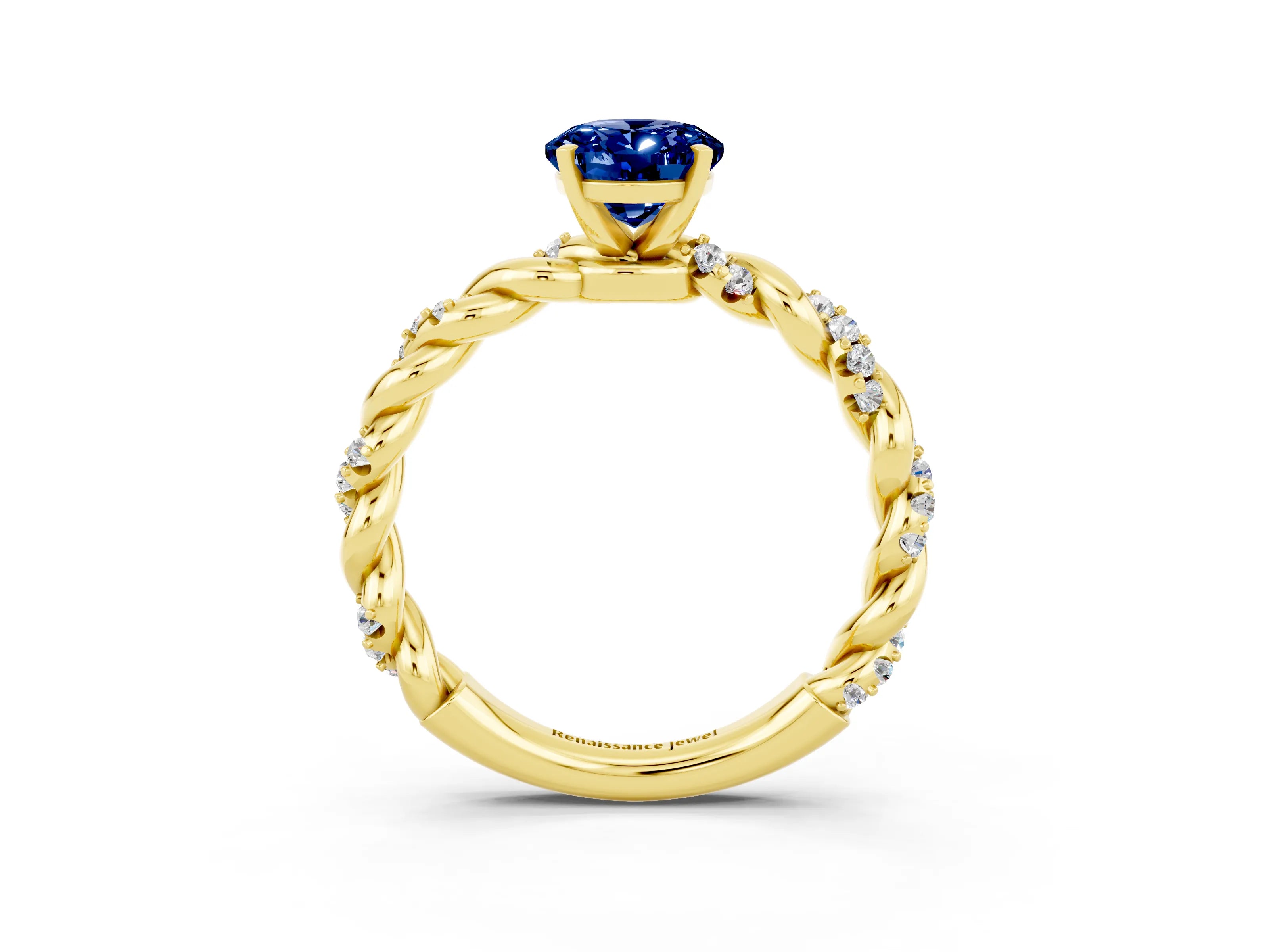 Yellow gold Oval Cut Blue Sapphire Solitaire Ring with Twisted Band and Pavé Accents_3