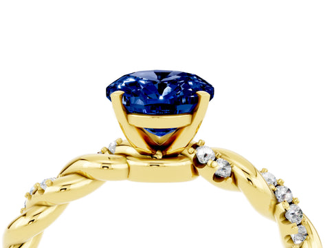 Yellow gold Oval Cut Blue Sapphire Solitaire Ring with Twisted Band and Pavé Accents_4
