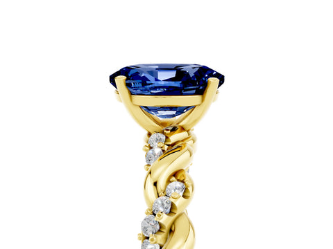 Yellow gold Oval Cut Blue Sapphire Solitaire Ring with Twisted Band and Pavé Accents_5