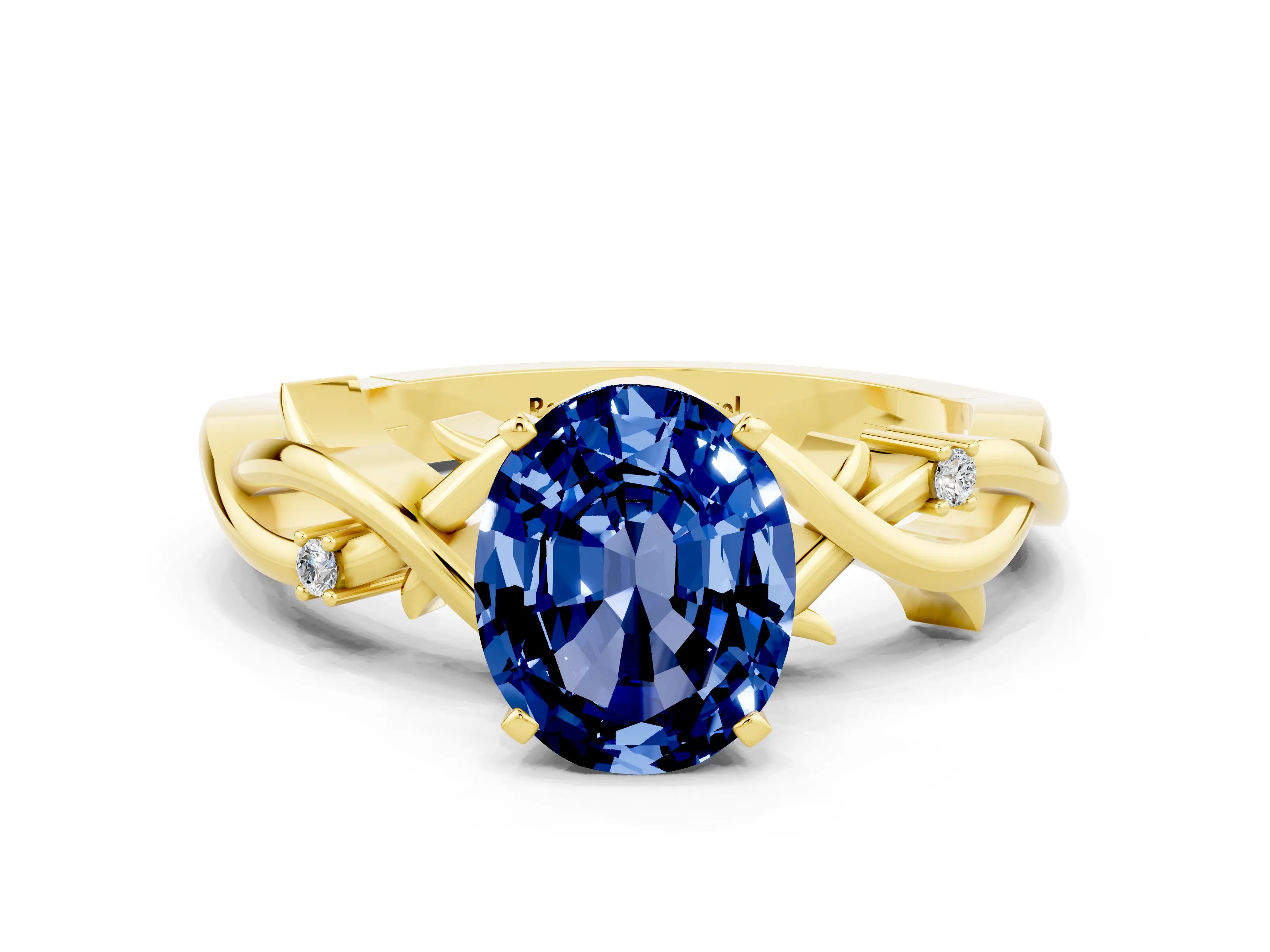 Yellow gold Oval Cut Blue Sapphire Solitaire Ring with Twisted Band and Prong Setting