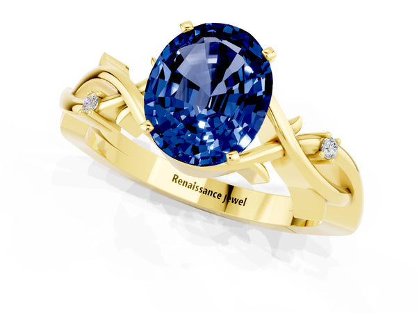 Yellow gold Oval Cut Blue Sapphire Solitaire Ring with Twisted Band and Prong Setting