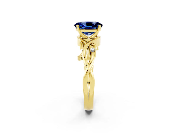 Yellow gold Oval Cut Blue Sapphire Solitaire Ring with Twisted Band and Prong Setting