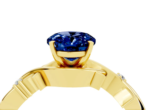 Yellow gold Oval Cut Blue Sapphire Solitaire Ring with Twisted Band and Prong Setting_4