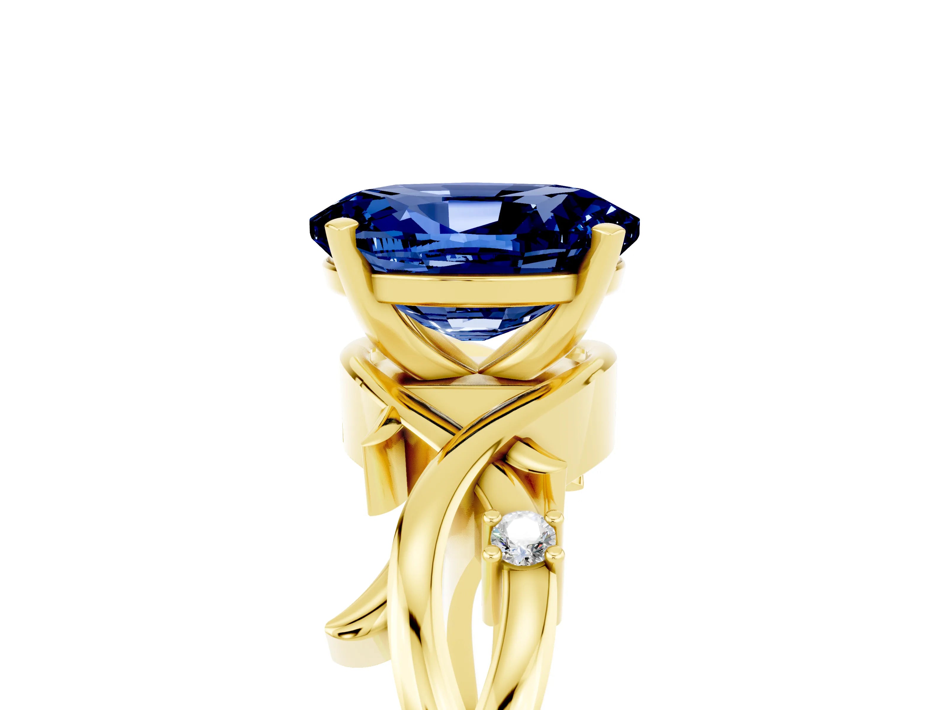 Yellow gold Oval Cut Blue Sapphire Solitaire Ring with Twisted Band and Prong Setting_5