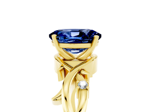 Yellow gold Oval Cut Blue Sapphire Solitaire Ring with Twisted Band and Prong Setting_5