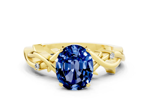 Yellow gold Oval Cut Blue Sapphire Solitaire Ring with Twisted Band and Prong Setting