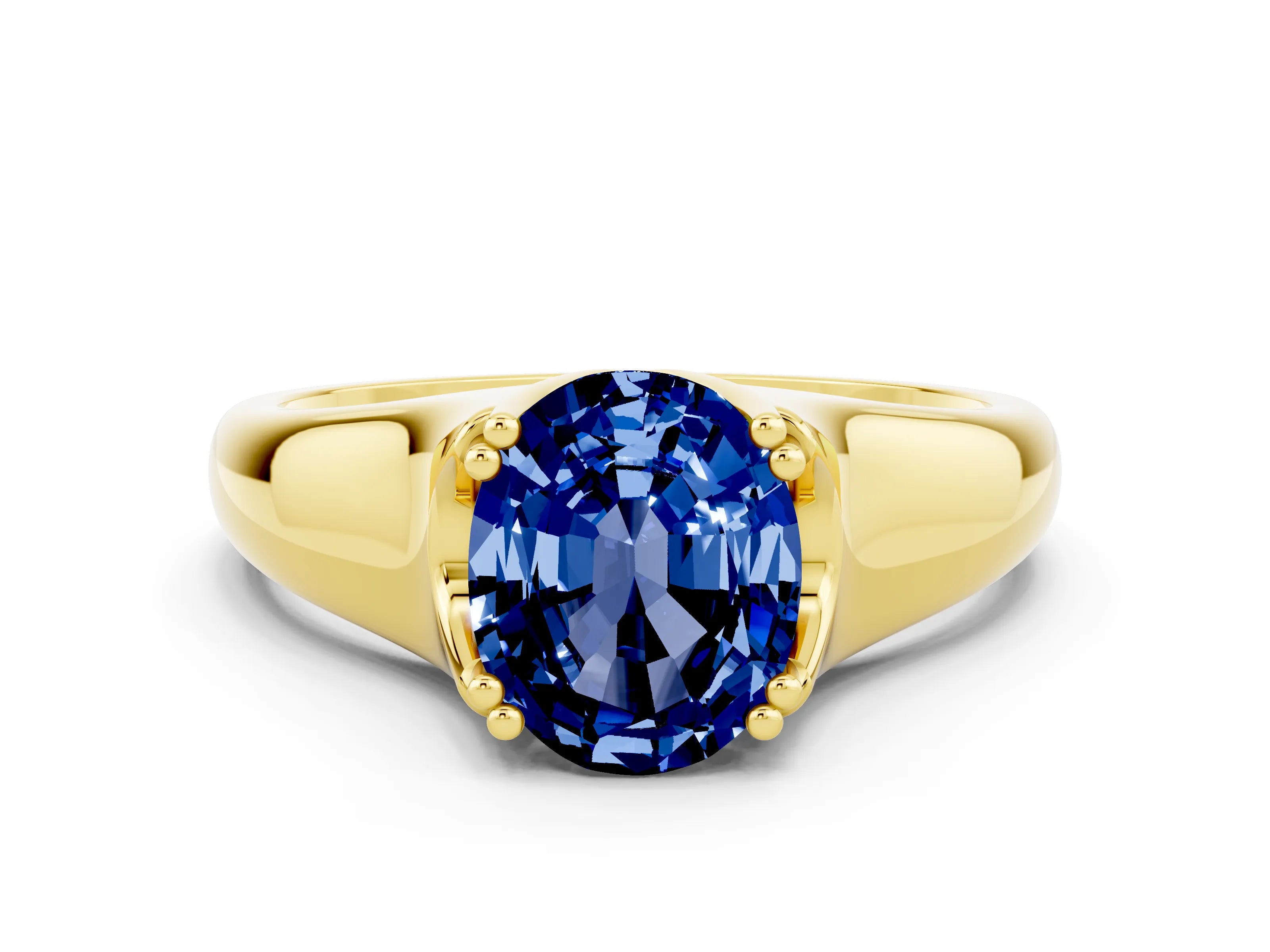 Yellow gold Oval Cut Blue Sapphire Solitaire Ring with Wide Band and Prong Setting