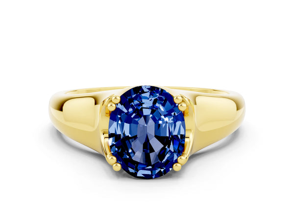 Yellow gold Oval Cut Blue Sapphire Solitaire Ring with Wide Band and Prong Setting