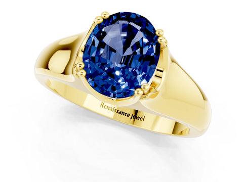 Yellow gold Oval Cut Blue Sapphire Solitaire Ring with Wide Band and Prong Setting_1