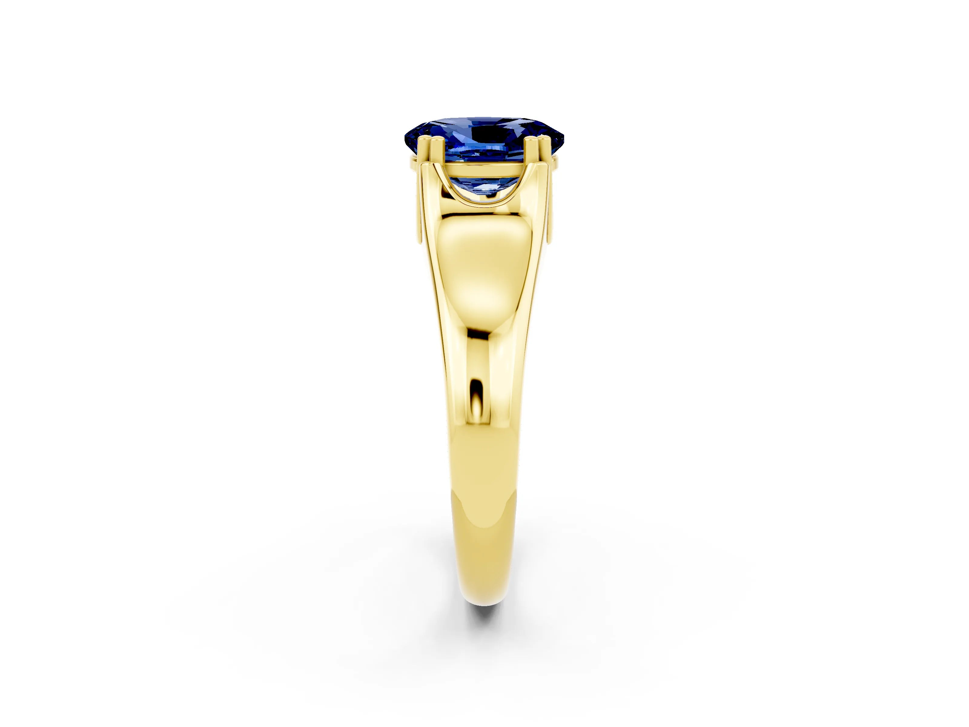 Yellow gold Oval Cut Blue Sapphire Solitaire Ring with Wide Band and Prong Setting_2