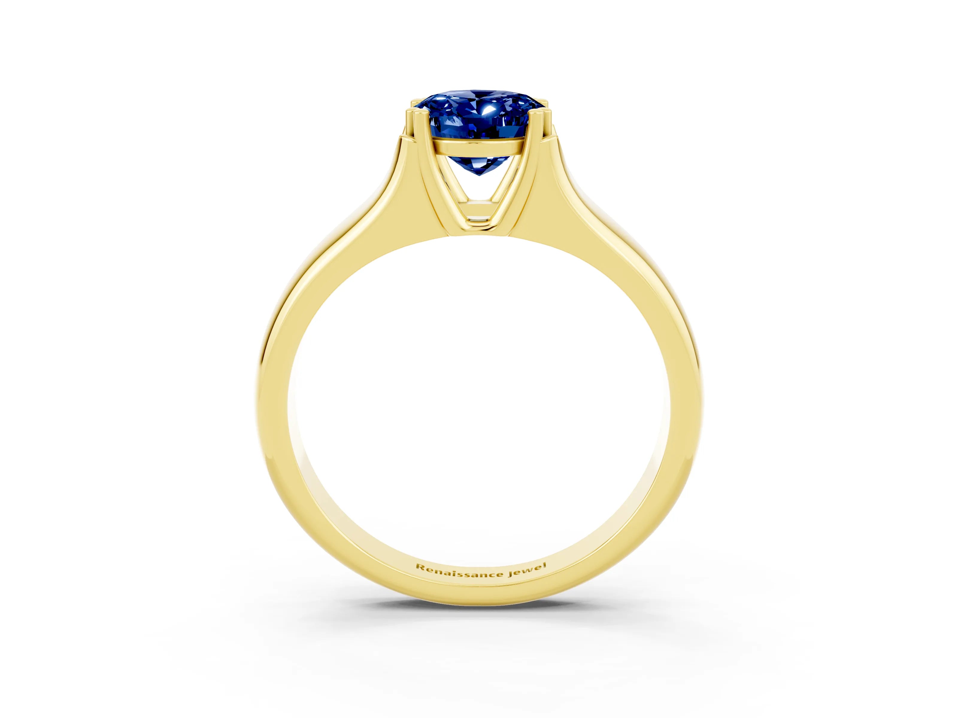 Yellow gold Oval Cut Blue Sapphire Solitaire Ring with Wide Band and Prong Setting_3