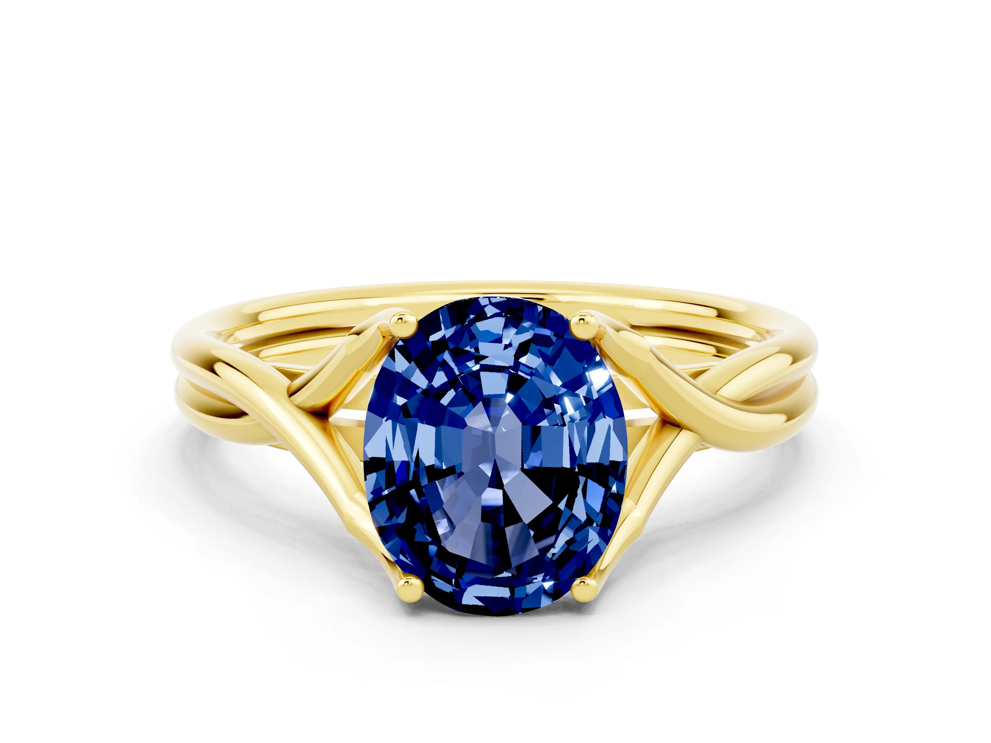 Yellow gold Oval Cut Blue Sapphire Solitaire Twist Band Prong Setting Ring_48