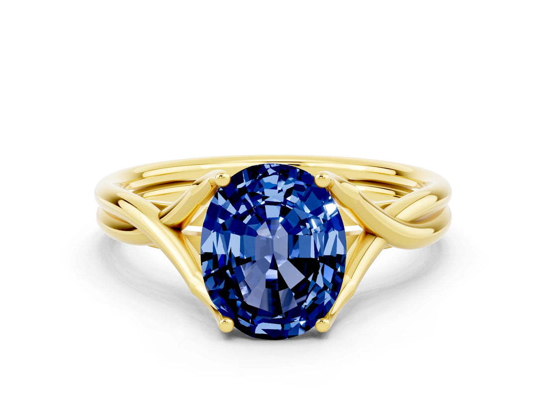 Yellow gold Oval Cut Blue Sapphire Solitaire Twist Band Prong Setting Ring_48