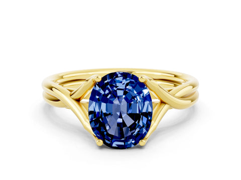 Yellow gold Oval Cut Blue Sapphire Solitaire Twist Band Prong Setting Ring_48