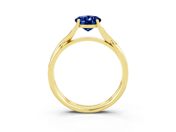 Yellow gold Oval Cut Blue Sapphire Solitaire Twist Band Prong Setting Ring