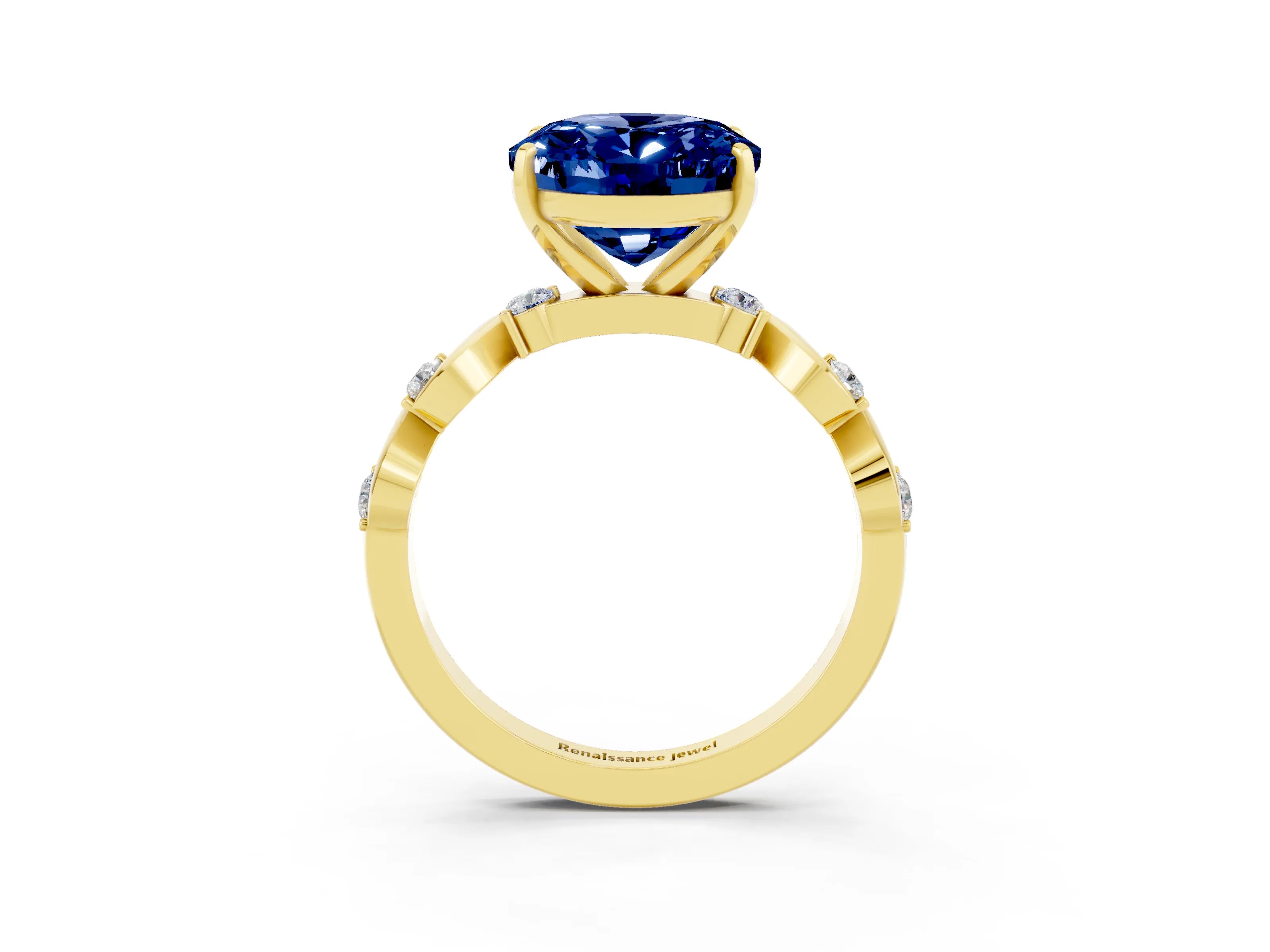 Yellow gold Oval Cut Blue Sapphire Solitaire Twisted Band with Round  Accents and Prong Setting_15