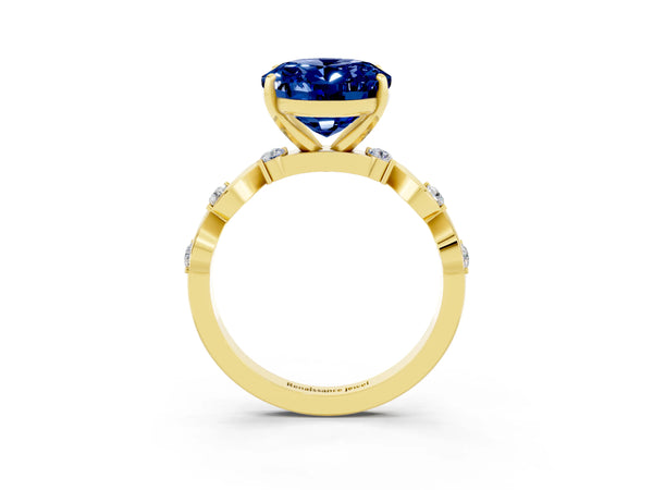 Yellow gold Oval Cut Blue Sapphire Solitaire Twisted Band with Round  Accents and Prong Setting