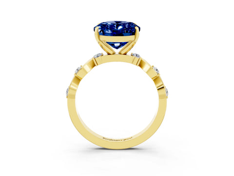 Yellow gold Oval Cut Blue Sapphire Solitaire Twisted Band with Round  Accents and Prong Setting_15