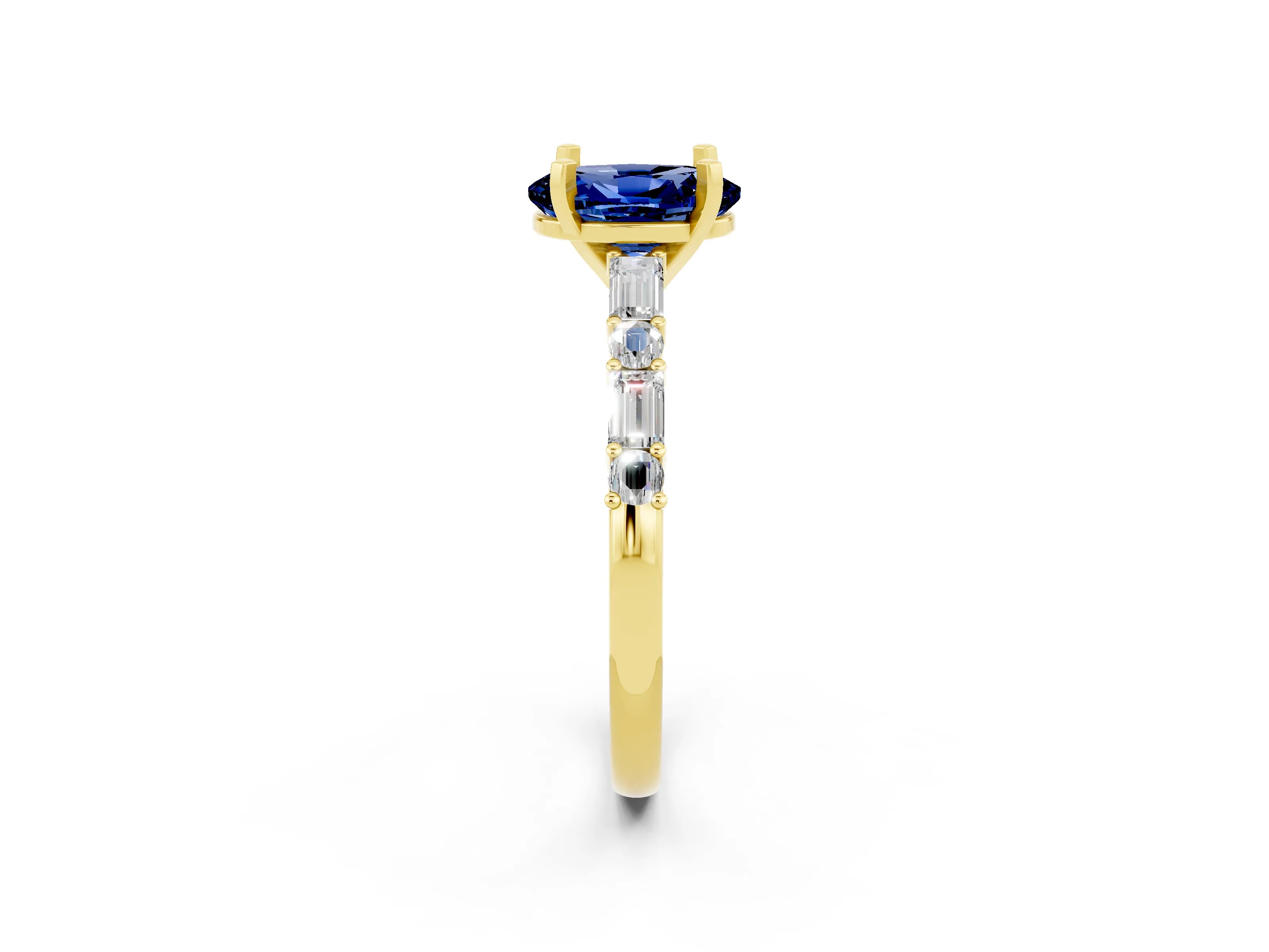 Yellow gold Oval Cut Blue Sapphire Solitaire with Side Baguettes and Channel Set Band_2