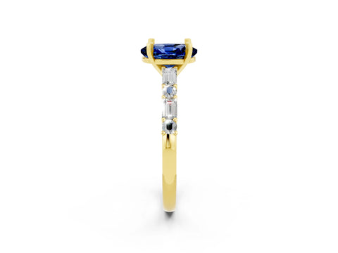 Yellow gold Oval Cut Blue Sapphire Solitaire with Side Baguettes and Channel Set Band_2