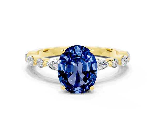 Yellow gold Oval Cut Blue Sapphire Ring with Marquise and Round  Side Stones and Four-Prong Setting