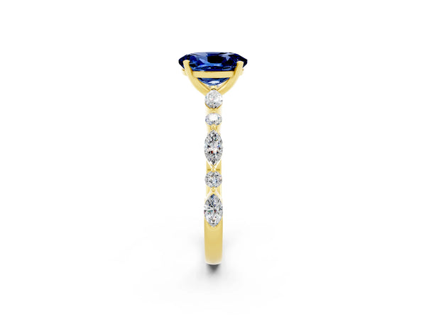 Yellow gold Oval Cut Blue Sapphire Ring with Marquise and Round  Side Stones and Four-Prong Setting