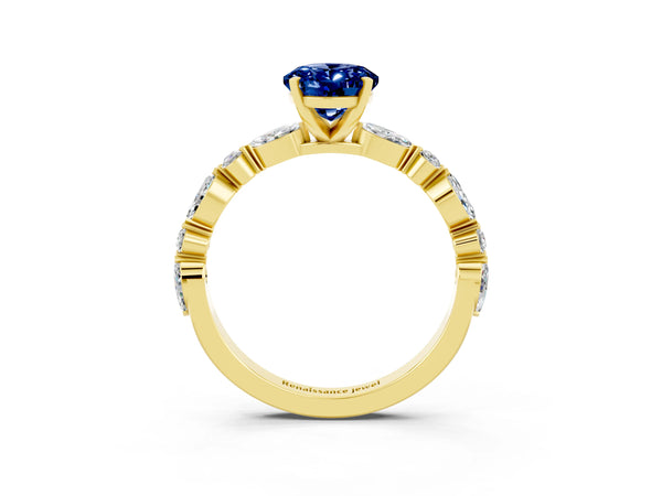 Yellow gold Oval Cut Blue Sapphire Ring with Marquise and Round  Side Stones and Four-Prong Setting