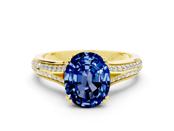 Yellow gold Oval Cut Blue Sapphire Split Shank Engagement Ring with Pavé Band