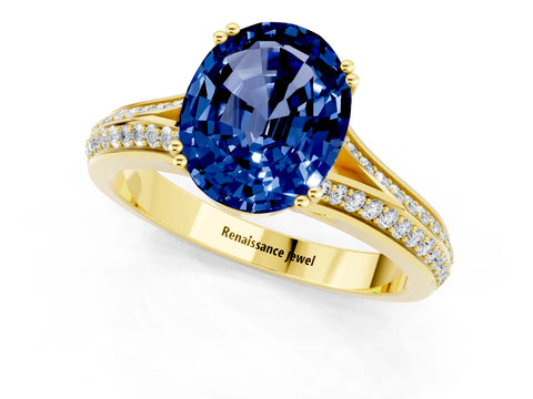 Yellow gold Oval Cut Blue Sapphire Split Shank Engagement Ring with Pavé Band_1