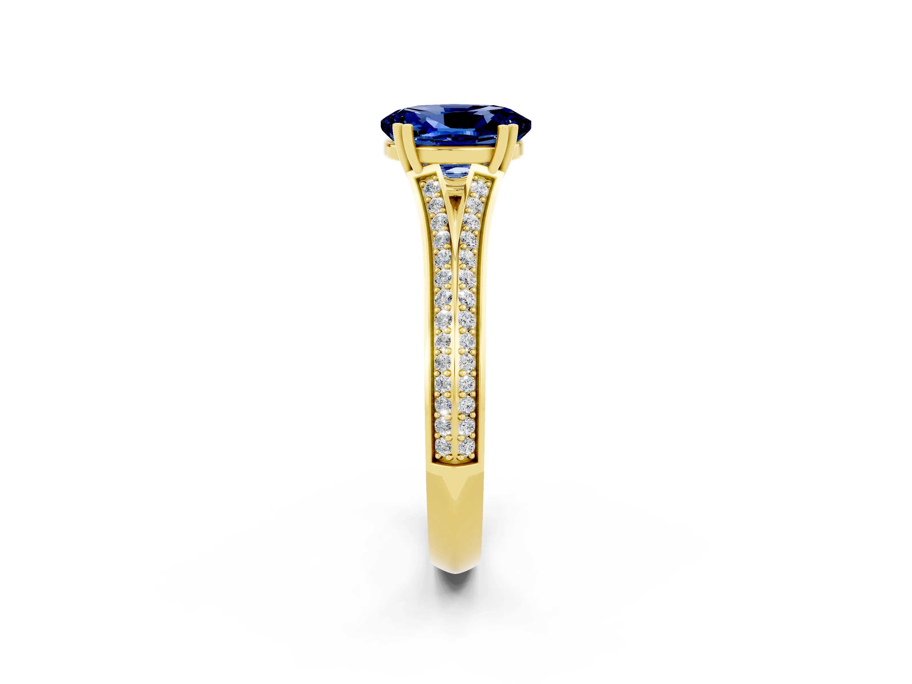Yellow gold Oval Cut Blue Sapphire Split Shank Engagement Ring with Pavé Band_2